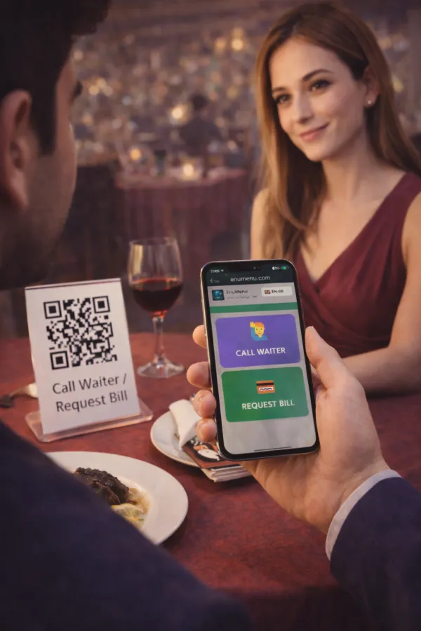 Customer scanning QR code to call waiter on their phone